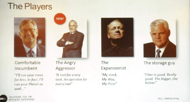 שקף "סודי" וסקופי. איך דל מתארת את מתחרותיה ומה היא חושבת עליהן ועל מנכ"ליהן: עסיסי למדי. קראו באנגלית לירית. בעברית בקצרה. בבקשה: פלמיסיאנו, יבמ, מכהן בסבבה, ינהל לך הבלגן בארגון ובכוכב; ליאו אפוטקר, החדש בסביבה, התוקפן הכעסן; ג'ון ציימברס, סיסקו, משיג הגבולות; ג'ו טוצ'י, מר אחסון, יוצא בזול יחסית. טוב עדיין הוא ודל שותפי שיווק