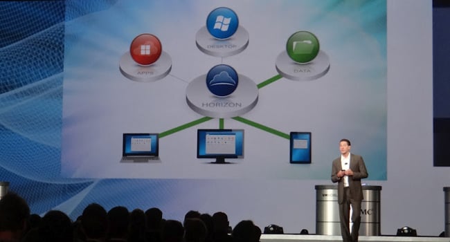 סטיב הרוד, ה-CTO של VMware, מציג במליאה המרכזית את מערכת VMware Horizon, המאפשרת לכל הניידים מופעלי אנדרואיד, iOS, חלונות ובקרוב גם חלונות 8, לעבוד כמו מחשב שולחני מלא, עם יישומי הארגון וגישה לנתוניו. הכול מאובטח. צילום: פלי הנמר