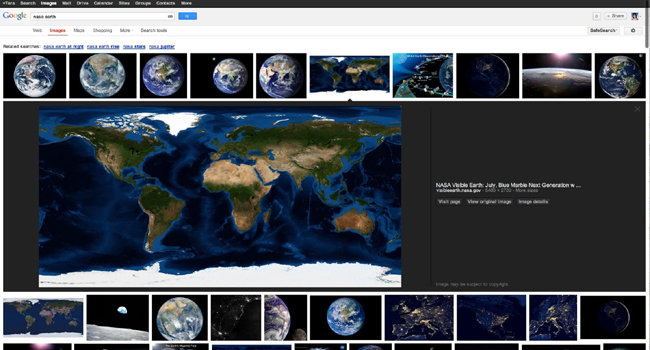 כך זה ייראה: דוגמה לתוצאות עבור החיפוש "nasa earth" בממשק החדש של Google Images