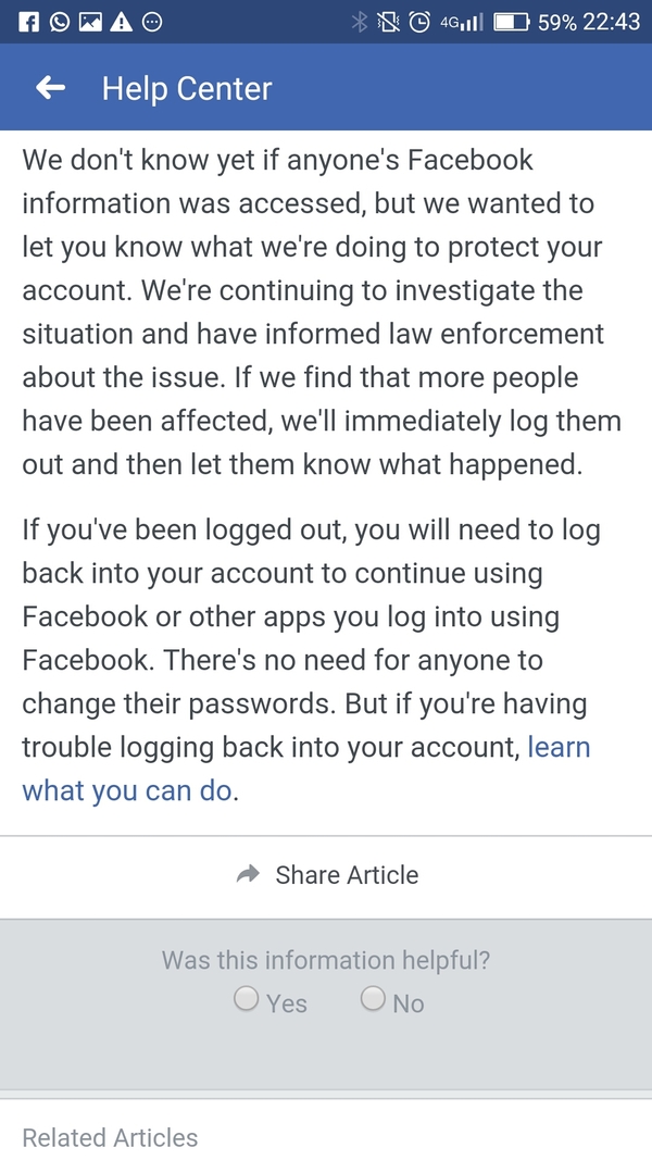 ההודעה ששלחה פייסבוק למשתמשיה שחשבונותיהם נפגעו. צילום מסך.