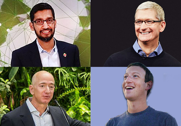 מימין לשמאל למעלה: מנכ"ל אפל, טים קוק, מנכ"ל גוגל, סונדר פיצ'אי. למטה מימין: מנכ"ל פייסבוק, מארק צוקרברג ומנכ"ל אמזון, ג'ף בזוס. צילומים: וויקיפדיה ו-BigStock