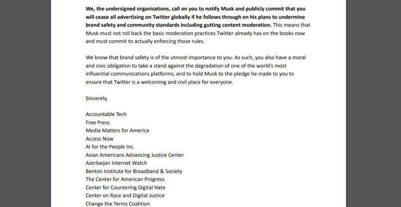 חלק מהמכתב הפתוח למפרסמים הגדולים של טוויטר.