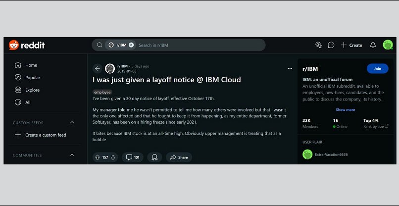 Il post su Reddit dell'IBMer recentemente licenziato.